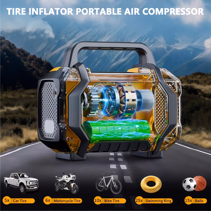 portable air compressor 6x faster 150psi tire inflator for car motorcycle bike cordless with pressure gauge 12v auto shut off pump w led display and built in light 1